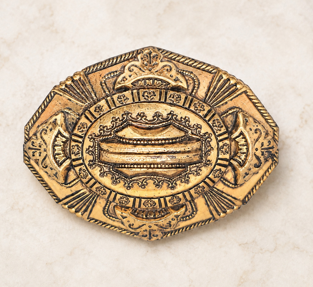 Vintage 1930s–50s Egyptian Revival Art Deco Repousse Brass Tone Brooch 2.25"